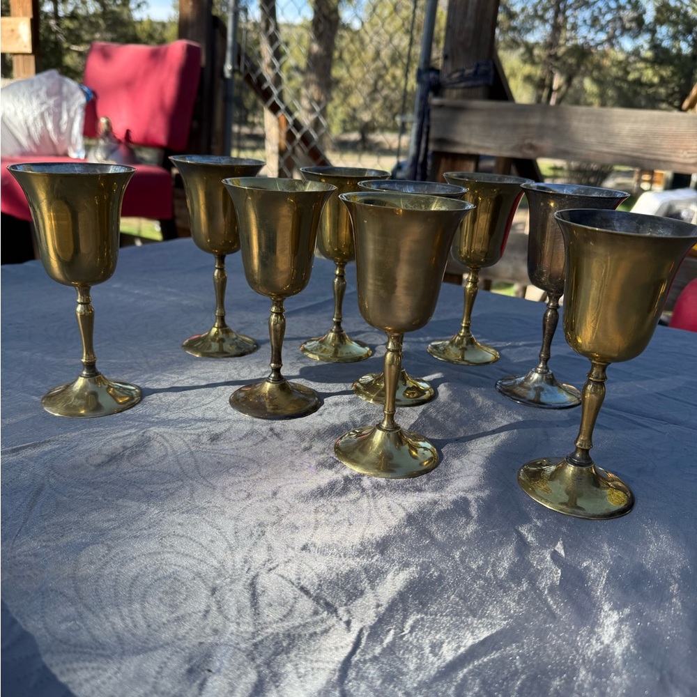 Brass Goblet Set - Polished Gold-Tone Wine Glasses (Set of 8)